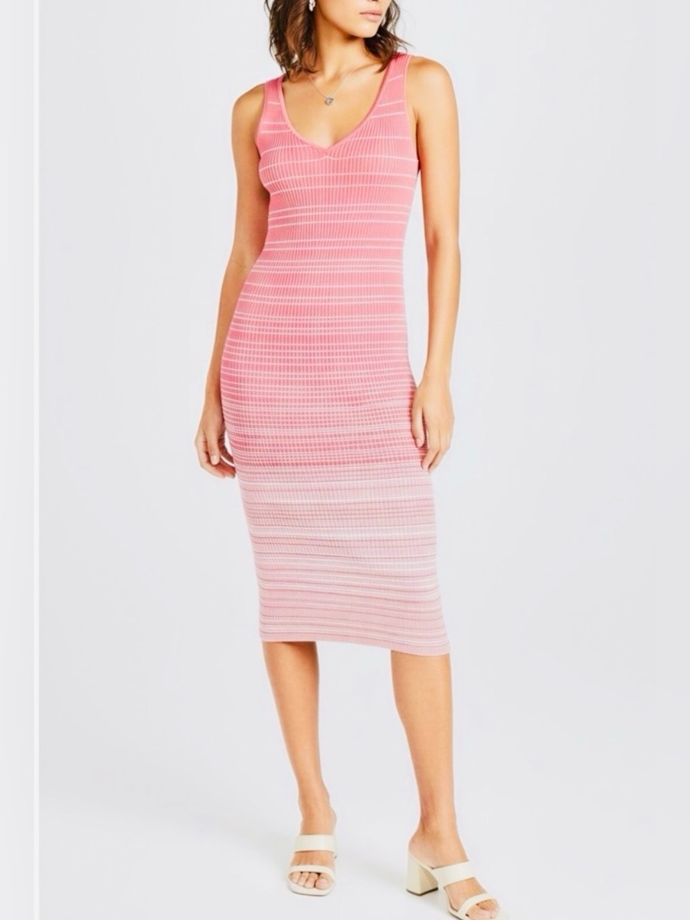 STAUD Dana Knit Dress in Pink Ribbed Striped Ombré